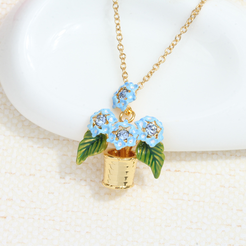 Blue Flower And Crystal Enamel Pendant Necklace Jewelry Gift