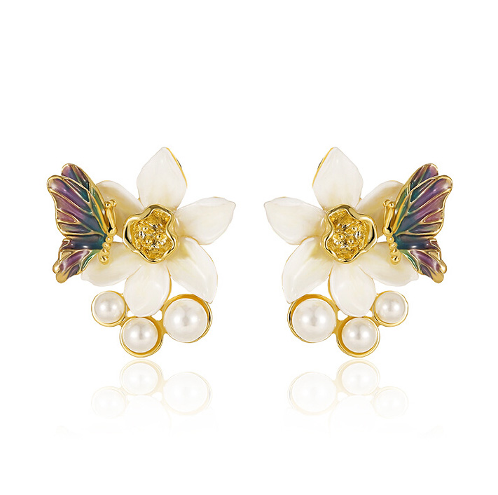 Flower With Butterfly And Pearl Enamel Stud Earrings Jewelry Gift