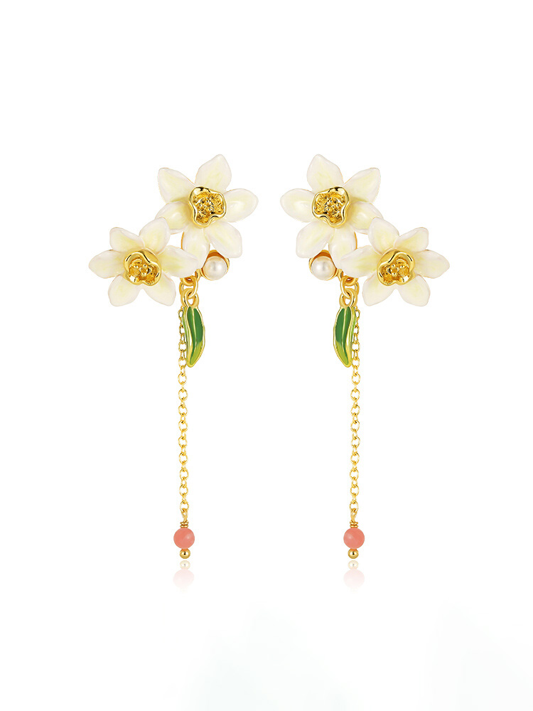 Pink Purple Flower And Stone Enamel Earrings