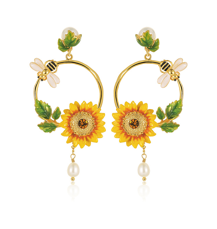 Sunflower Bee And Crystal Pearl Enamel Dangle Earrings Jewelry Gift