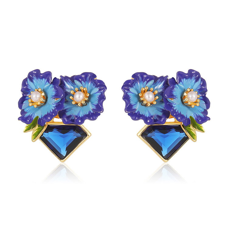 Blue Flower And Stone Enamel Stud Earrings