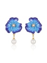 Blue Flower And Pearl Enamel Dangle Earrings