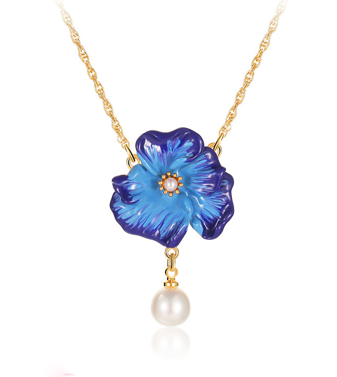 Blue Flower And Pearl Enamel Pendant Necklace