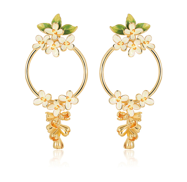 Flower And Green Leaf Enamel Dangle Earrings Jewelry Gift