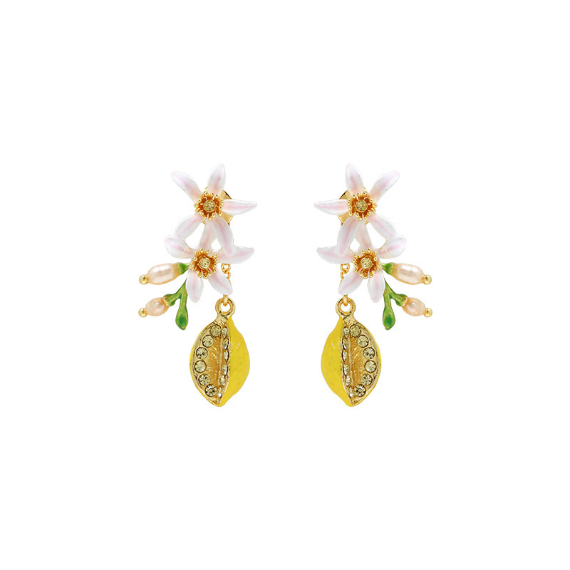 Flower Blossom And Lemon Enamel Dangle Earrings