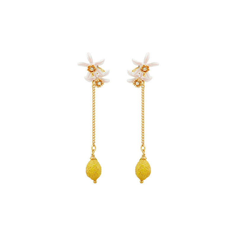 Lemon Flower Blossom And Crystal Enamel Chain Earrings