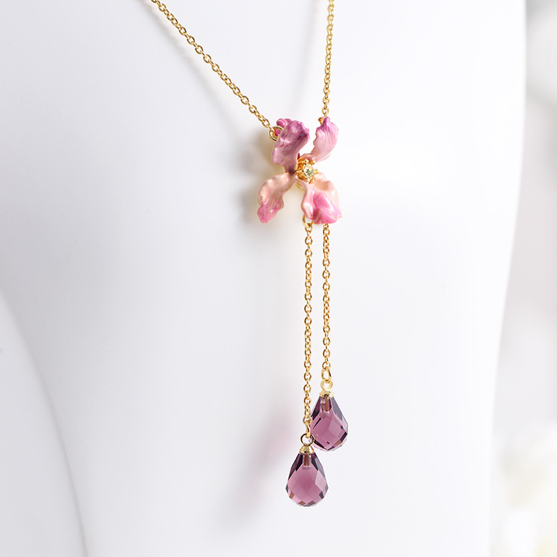 Pink Flower de Luce Irises And Stone Enamel Necklace