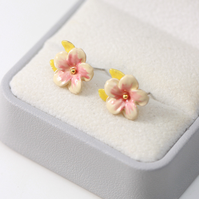Peach Flower Blossom Enamel Stud Earrings