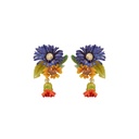 Blue Orange Flower With Crystal Enamel Dangle Earrings