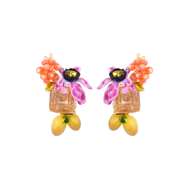 Earrings With Purple Flower On Carved Crystal And Lemons