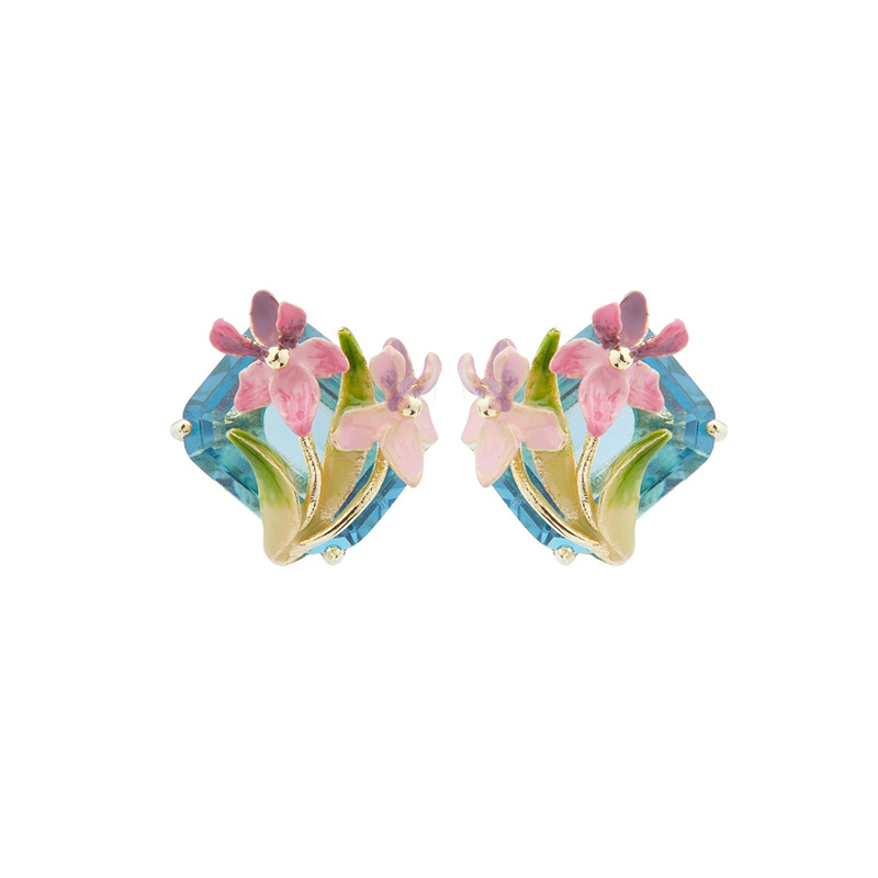 Pink Flower de Luce Irises And Stone Enamel Stud Earrings