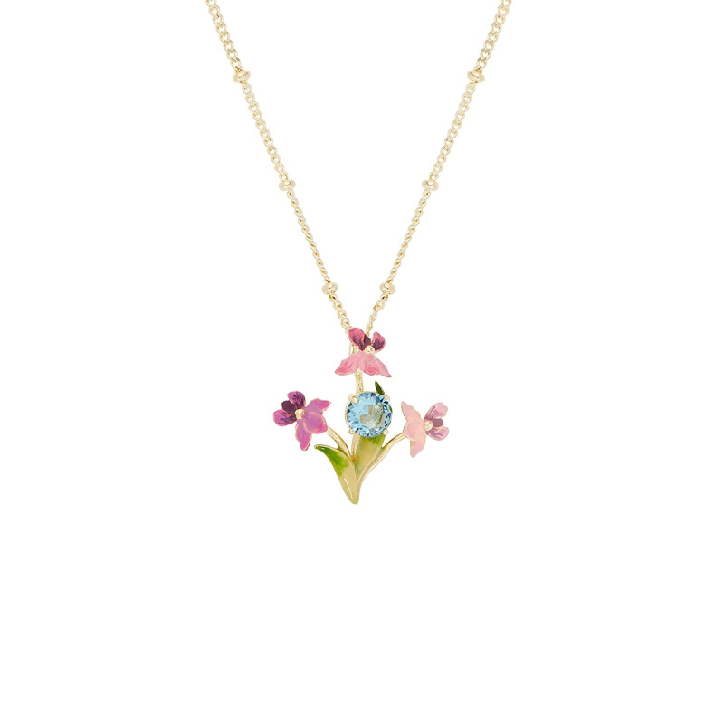 Pink Flower de Luce Irises And Stone Enamel Pendant Necklace