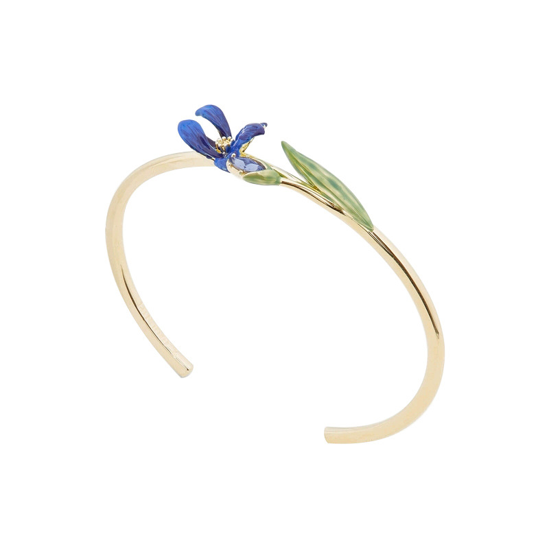 Blue Flower de Luce Irises And Stone Enamel Bangle Bracelet