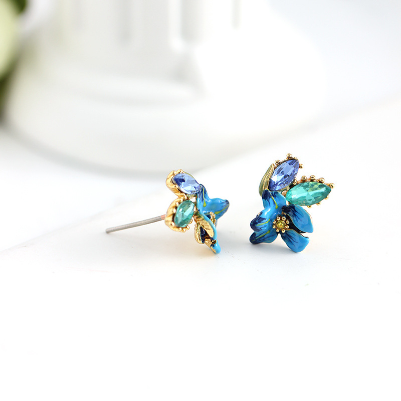 Blue Irises Flower And Crystal Enamel Stud Earrings