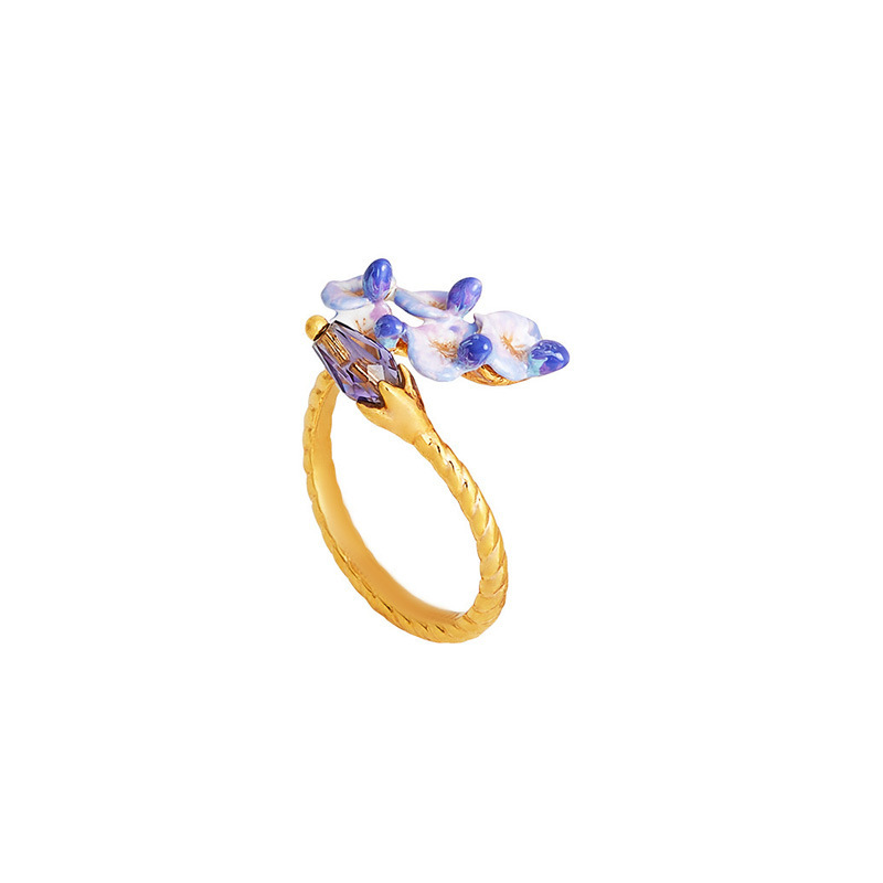 Purple Flower Blosssom Wisteria And Crystal Enamel Adjustable Ring