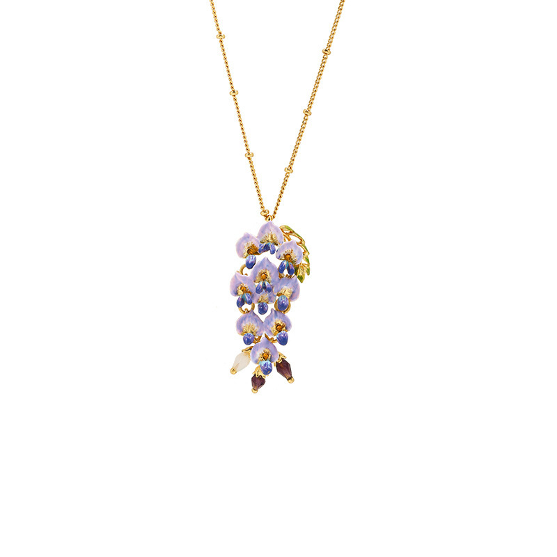 Pansy Red Blue Pink Purple Flower And Crystal Golden Leaf Enamel Necklace