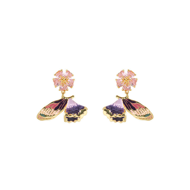 Colorful Butterfly And Crystal Enamel Dangle Earrings