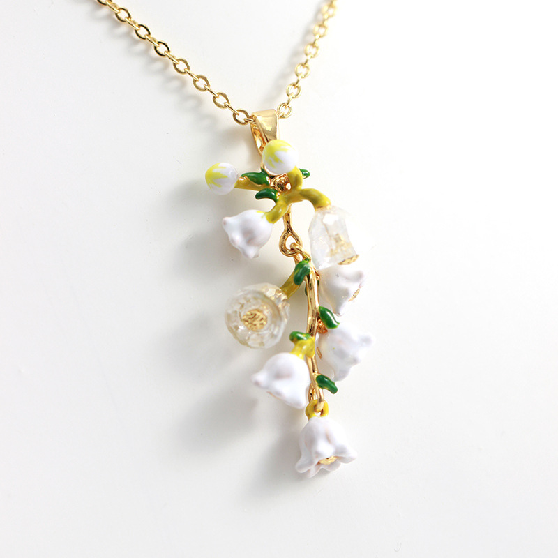 Lily of the Valley White Flower Blossom Enamel Pendant Necklace