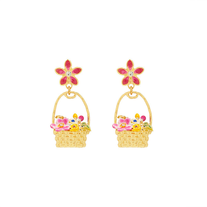 Flower Basket Enamel Dangle Earrings
