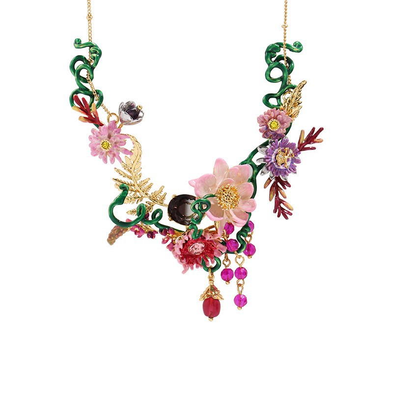 Colorful Lotus Flower Blossom Branch And Stone Enamel Pendant Necklace