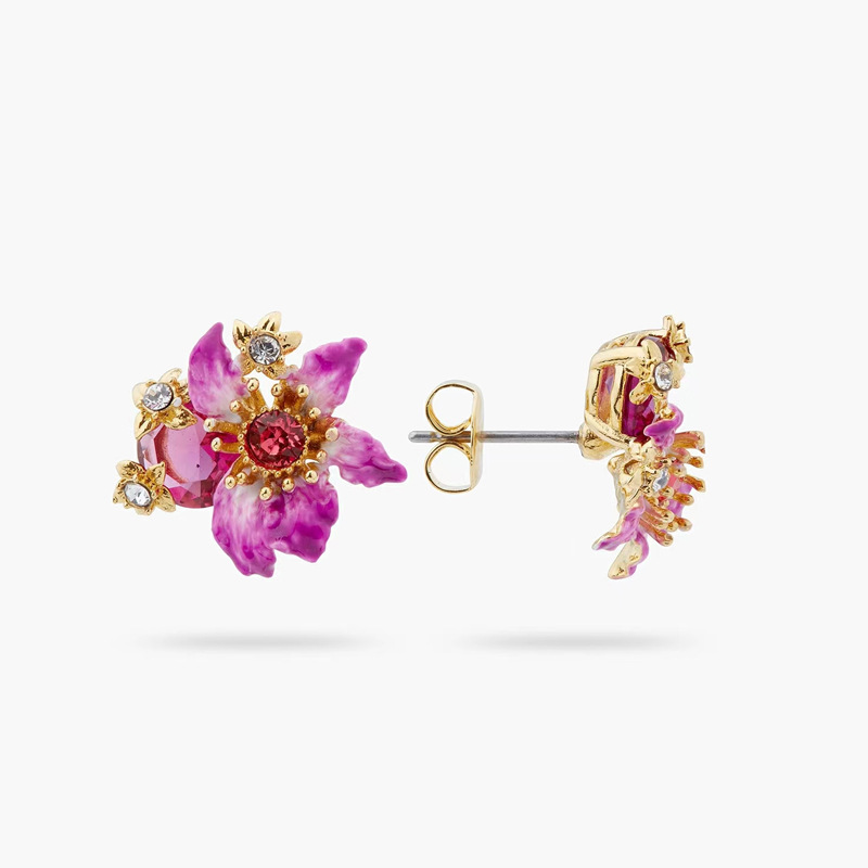 Purple Flower With Crystal Enamel Stud Earrings