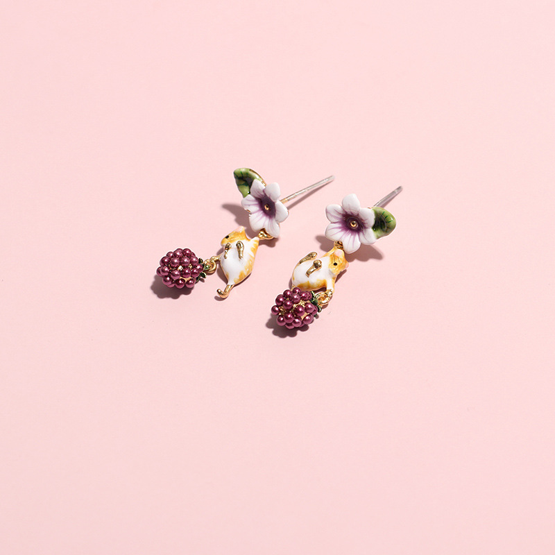 Flower Berry And Hamster Enamel Dangle Earrings