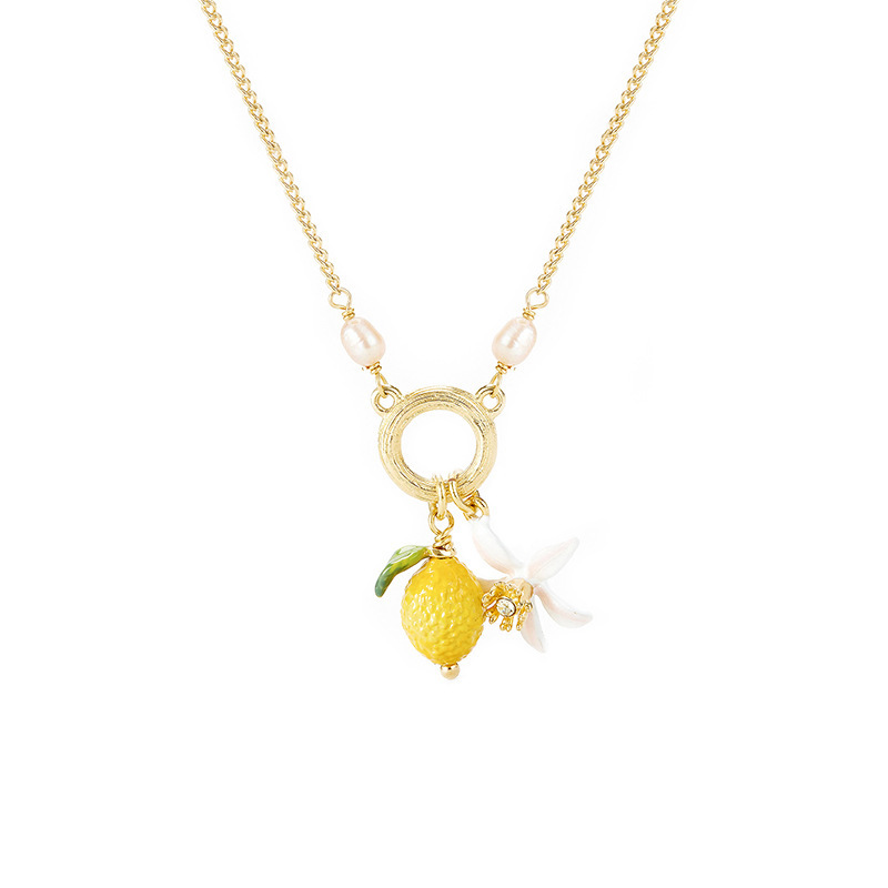 Lemon Flower And Pearl Enamel Pendant Necklace