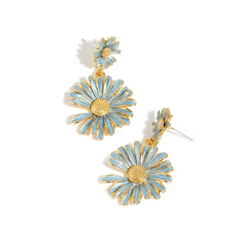 Blue Daisy Flower Enamel Dangle Earrings