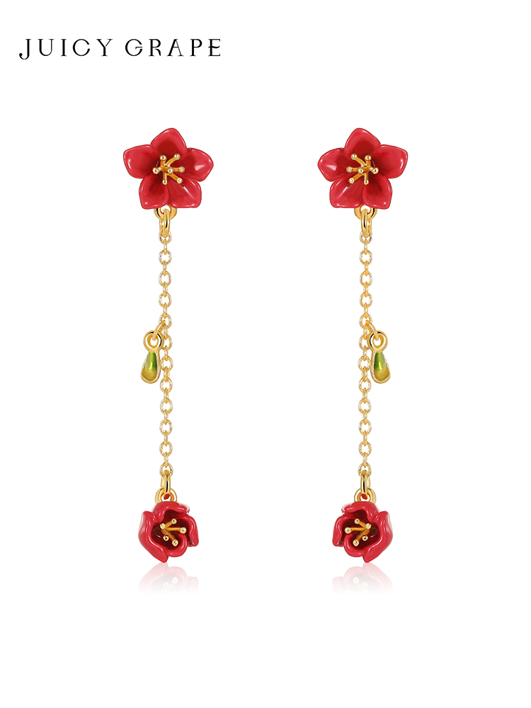 Begonia Red Flower Tassel Enamel Earrings Jewelry Gift