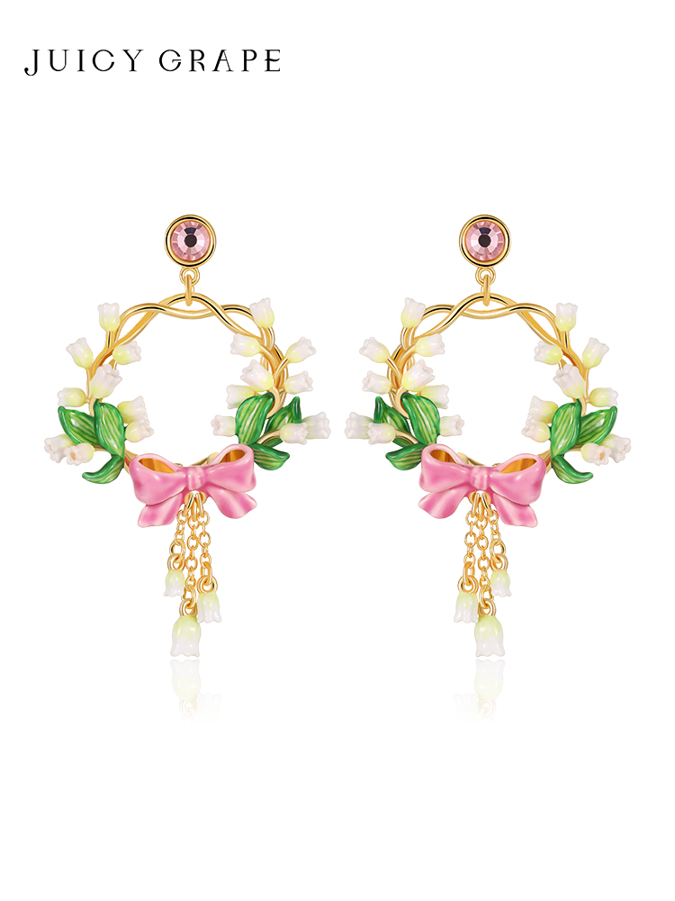 Pink Bow And Lily Flower Tassel Enamel Dangle Stud Earrings Jewelry Gift