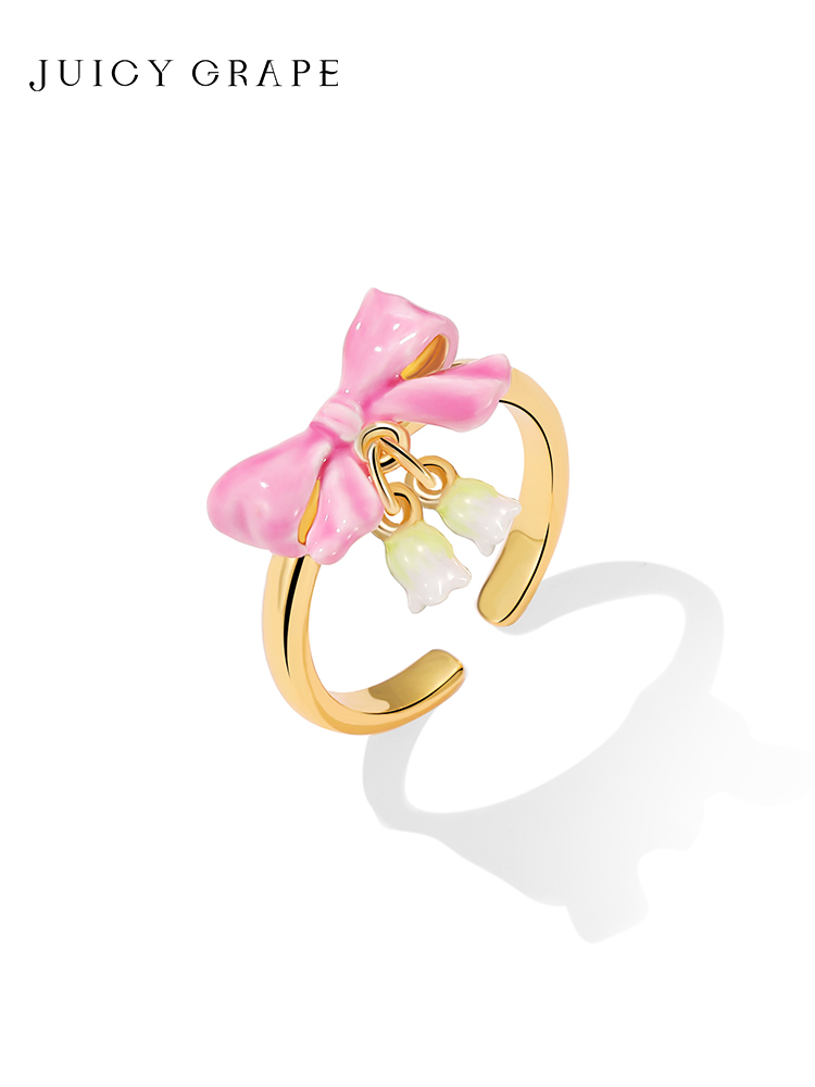 Pink Bow And Lily Flower Enamel Adjustable Ring Jewelry Gift