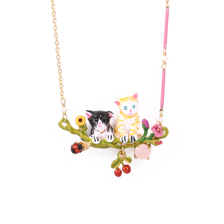 Cats On A Flowering Branch Enamel Necklace