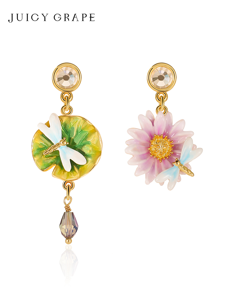 Lotus Flower And Dragonfly Enamel Asymmetrical Dangle Stud Earrings Jewelry Gift