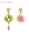 Lotus Flower And Dragonfly Enamel Asymmetrical Dangle Stud Earrings Jewelry Gift