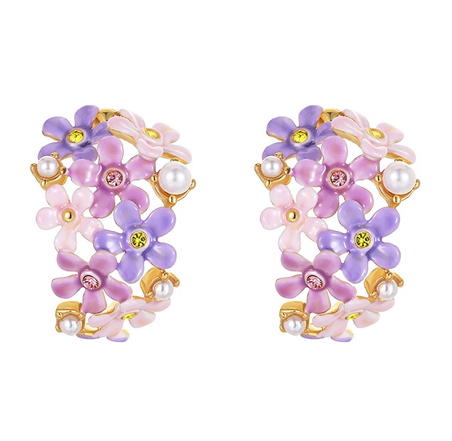 Lavender Purple Pink Flower And Crystal Pearl C Shape Enamel Stud Earrings Jewelry Gift