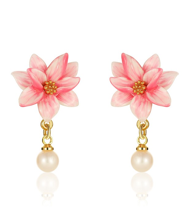Magnolia Pink Flower And Pearl Enamel Dangle Stud Earrings Jewelry Gift