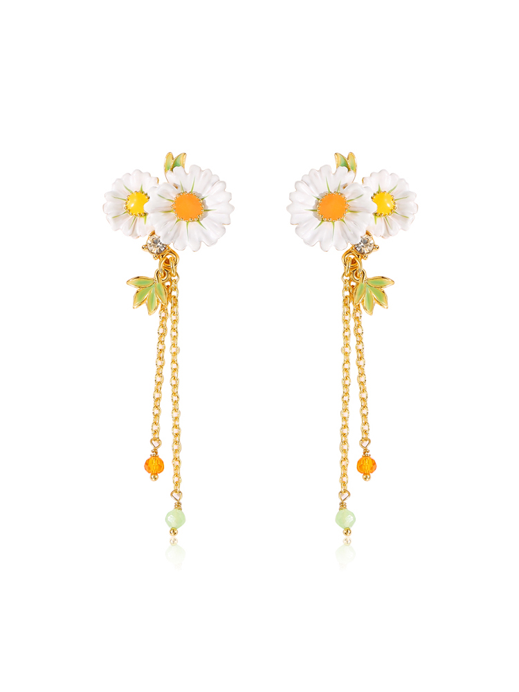 Daisy Flower Enamel Tassel Stud Earrings Handmade Jewelry Gift