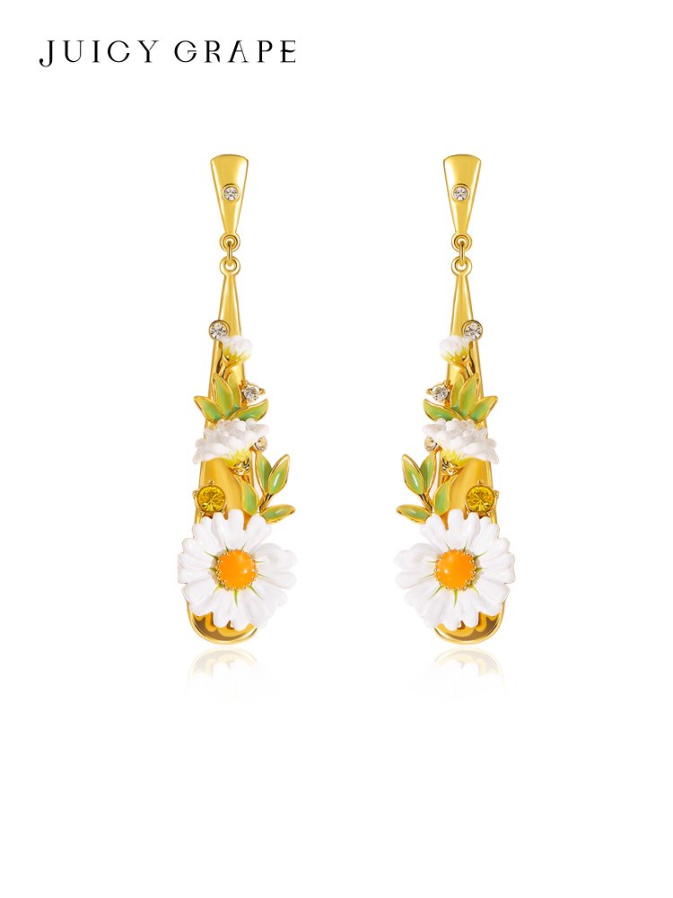 Pink White Cherry Blossom Flower And Crystal Enamel Dangle Earrings Jewelry Gift