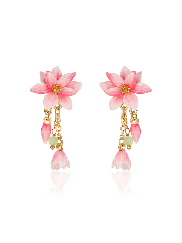 Magnolia Pink Flower Enamel Tassel Dangle Stud Earrings Jewelry Gift