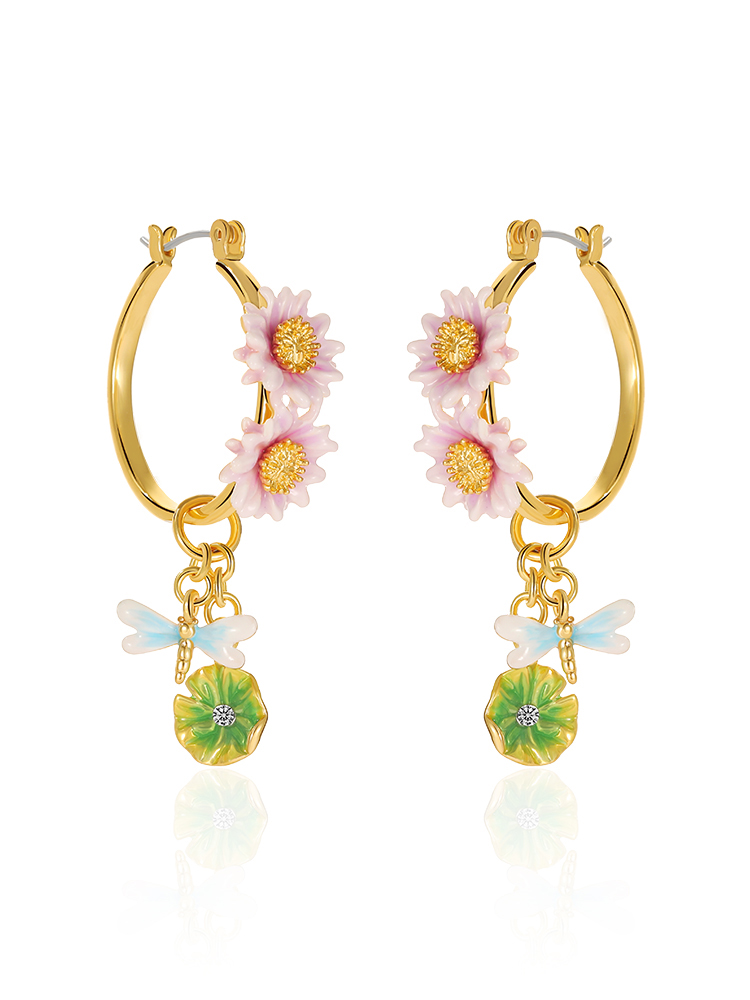 Lotus Flower And Dragonfly Enamel Hoop Dangle Stud Earrings Jewelry Gift