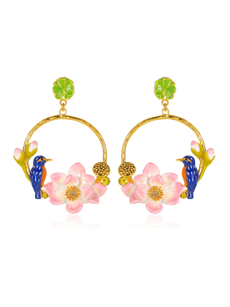 Kingfisher Bird And Lotus Enamel Hoop Stud Earrings Handmade Jewelry Gift