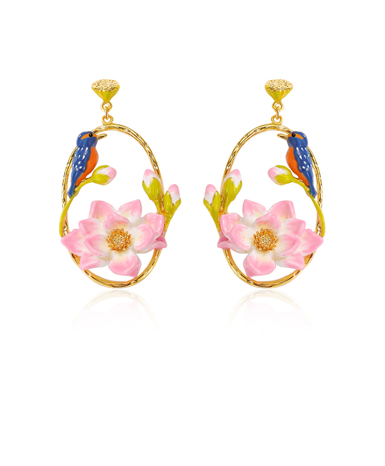 Kingfisher Bird And Lotus Enamel Hoop Stud Dangle Earrings Handmade Jewelry Gift