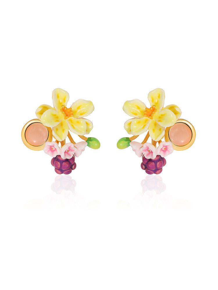 Grape Flower Blossom And Stone Enamel Stud Earrings Handmade Jewelry Gift