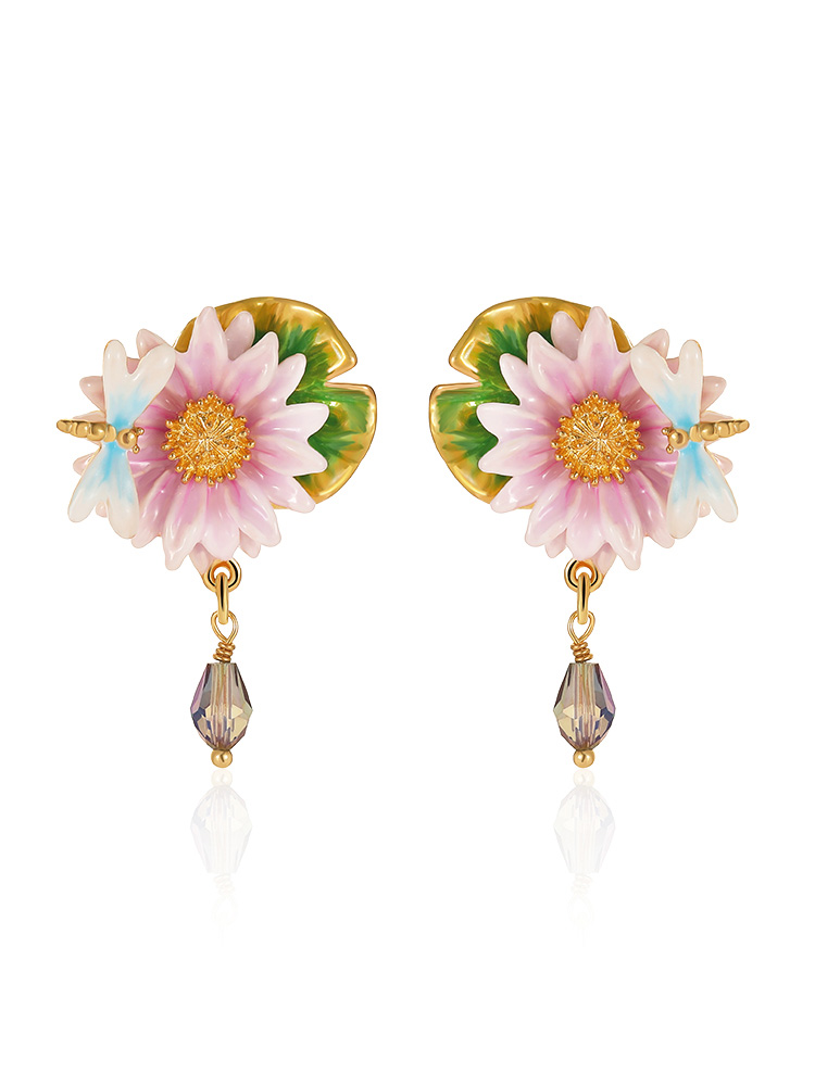Lotus And Dragonfly Enamel Dangle Stud Earrings Jewelry Gift