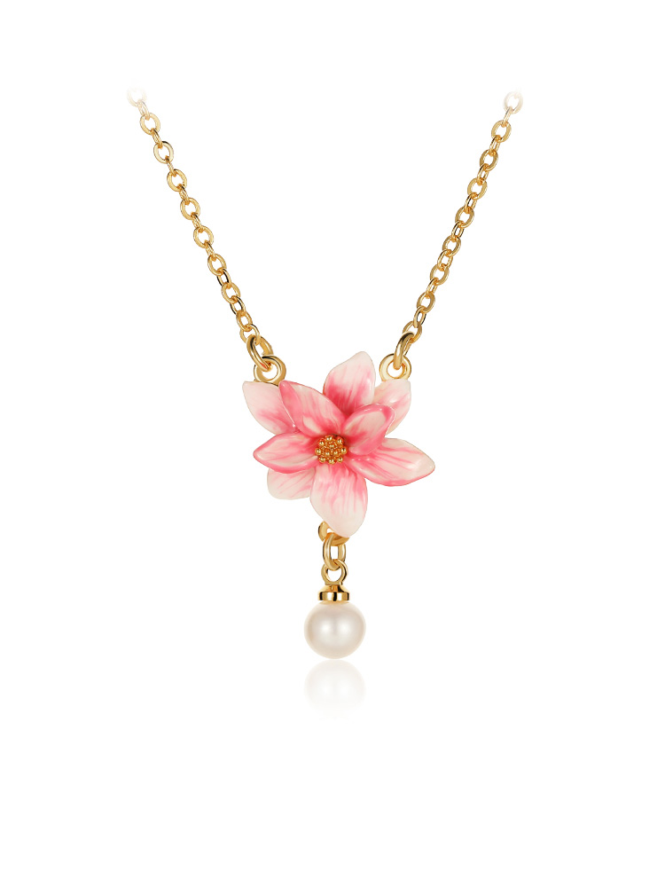 Magnolia Pink Flower And Pearl Enamel Pendant Necklace Handmade Jewelry Gift