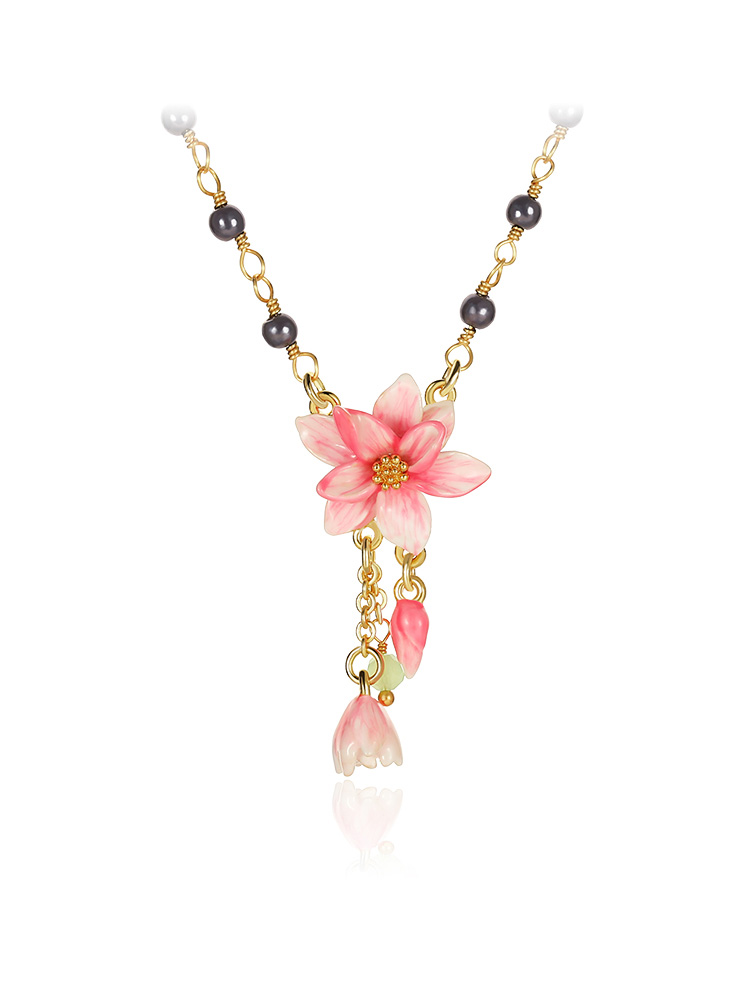 Magnolia Pink Flower Enamel Pendant Necklace Handmade Jewelry Gift