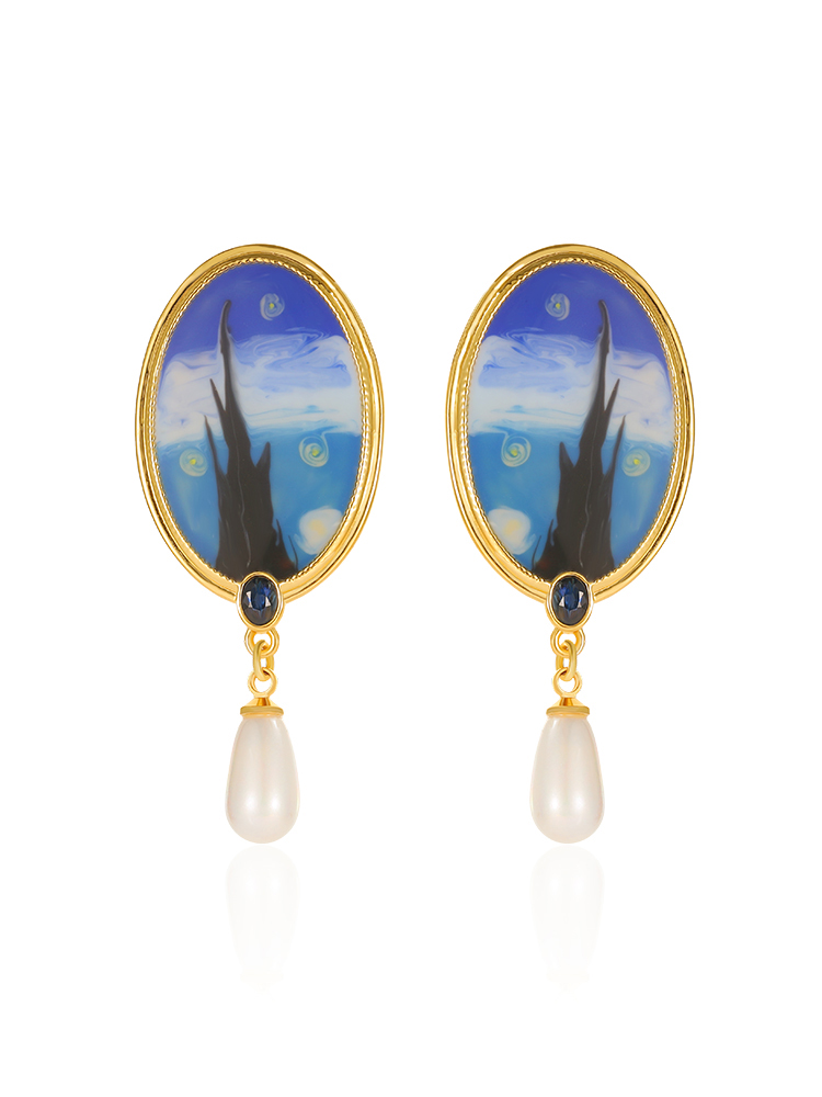 Starry Night Enamel Pearl Dangle Earrings Handmade Jewelry Gift