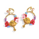 Cat Kitty Kitten Red Purple Flower Enamel Dangle Earrings