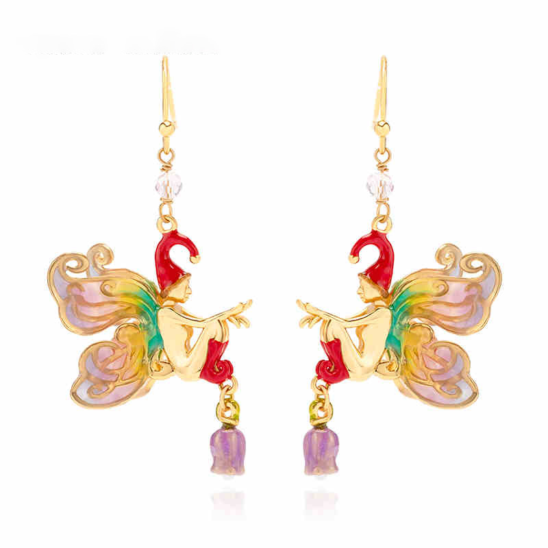 Fairy With Butterfly Wing Enamel Dangle Hook Earrings Jewelry Gift