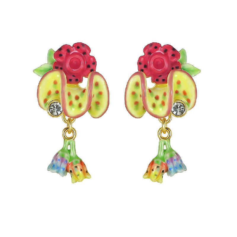 Pink Red Flower C Shape Enamel Stud Earrings Jewelry Gift